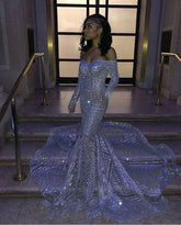 Long Mermaid Off the shoulder Sequins Prom Dresses with Sleeves-27Dress